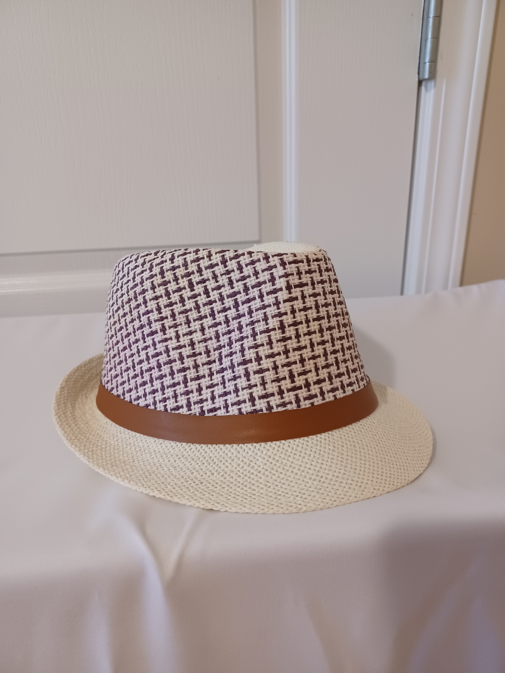 Straw Fedora Hat with Brown Belt - Cream & Purple - Picture 4 of 16
